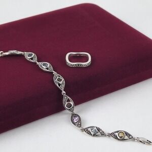 Vintage 925 Sterling Silver Marcasite Bracelet Ring Set Multi Color Glass Stones